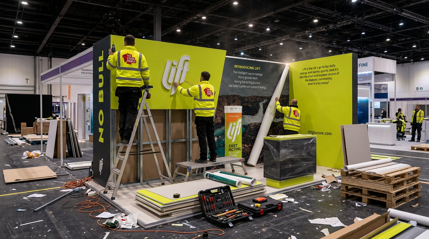 The Stand People crew in branded high-vis jackets building a reusable LIFT exhibition stand