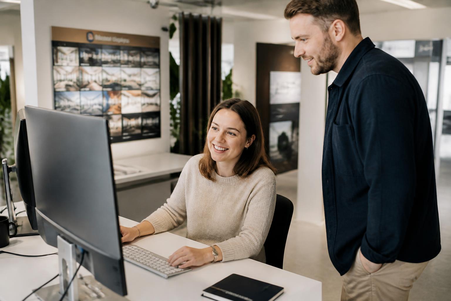 A friendly Stand People specialist working with a customer at a computer