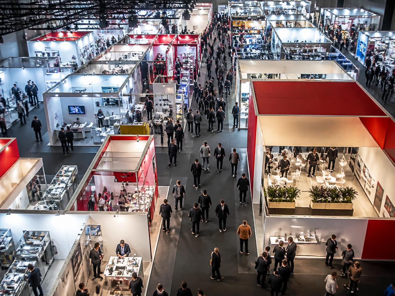 Busy exhibition floor seen from above