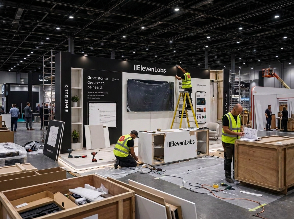 Crew building the ELEVEN LABS exhibition stand on site