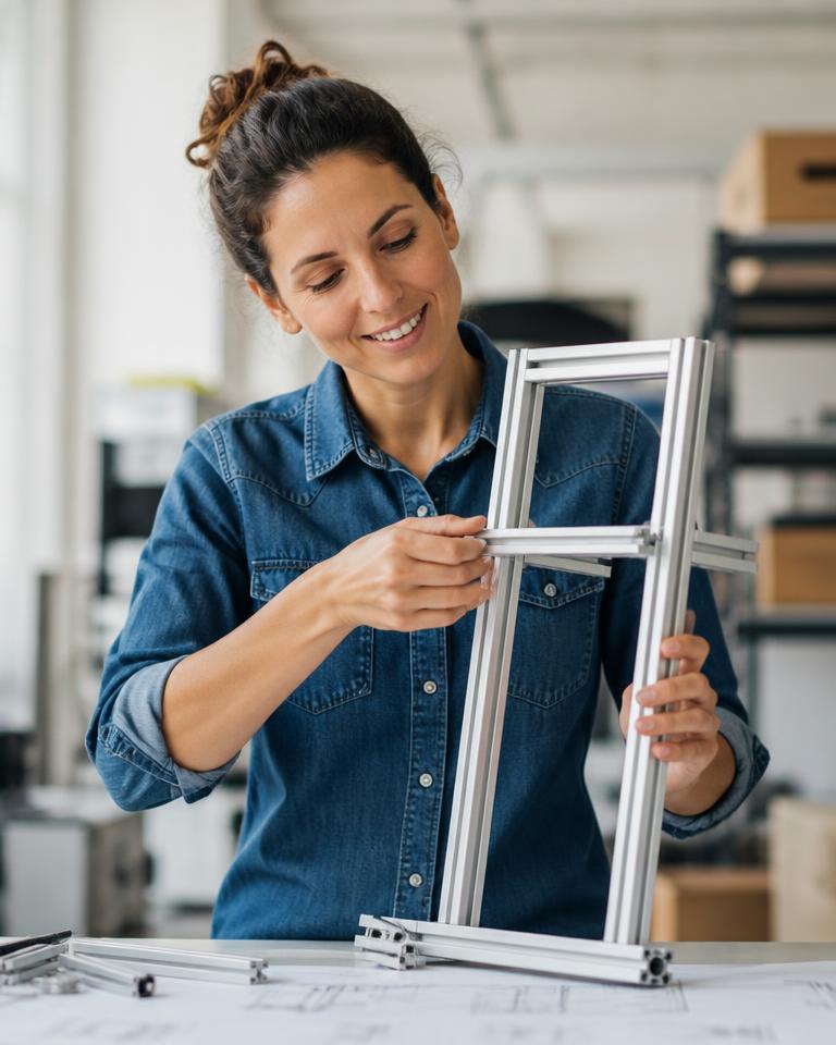 Elena, Stand Engineer, inspecting a modular frame