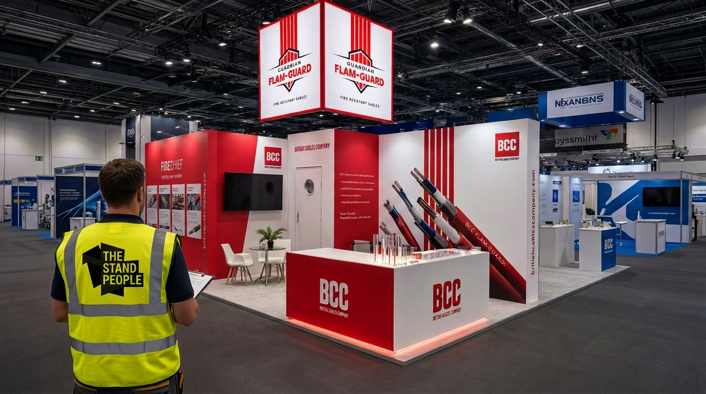 The Stand People builder in a high-visibility vest inspecting the completed British Cables Company exhibition stand
