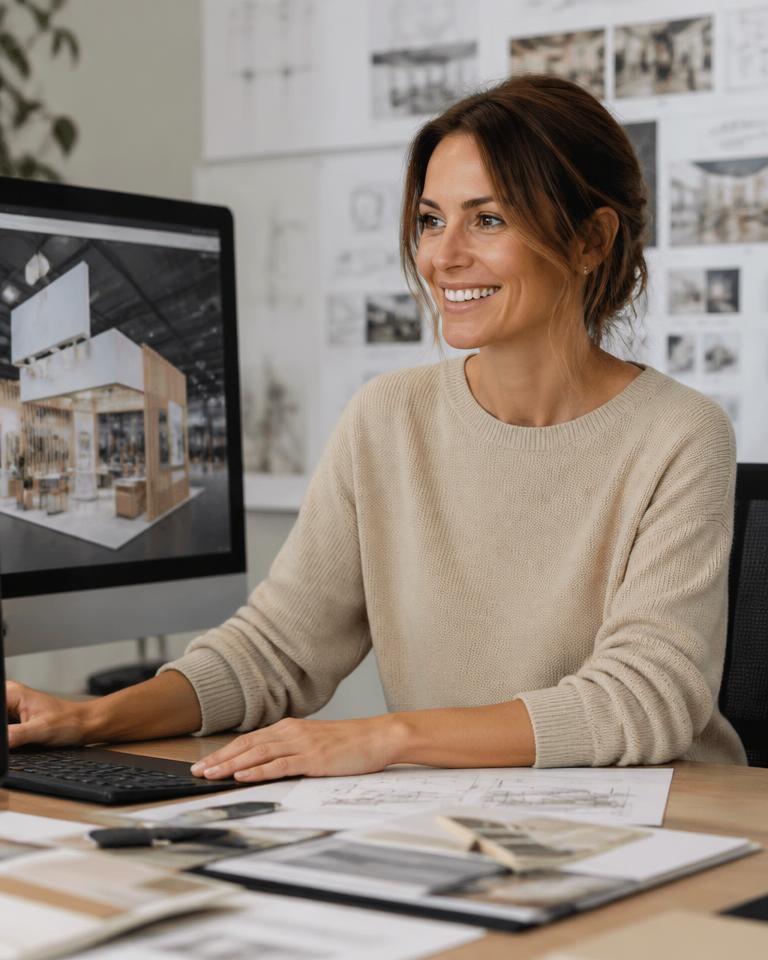 Sarah, Lead Designer, reviewing a 3D stand visual