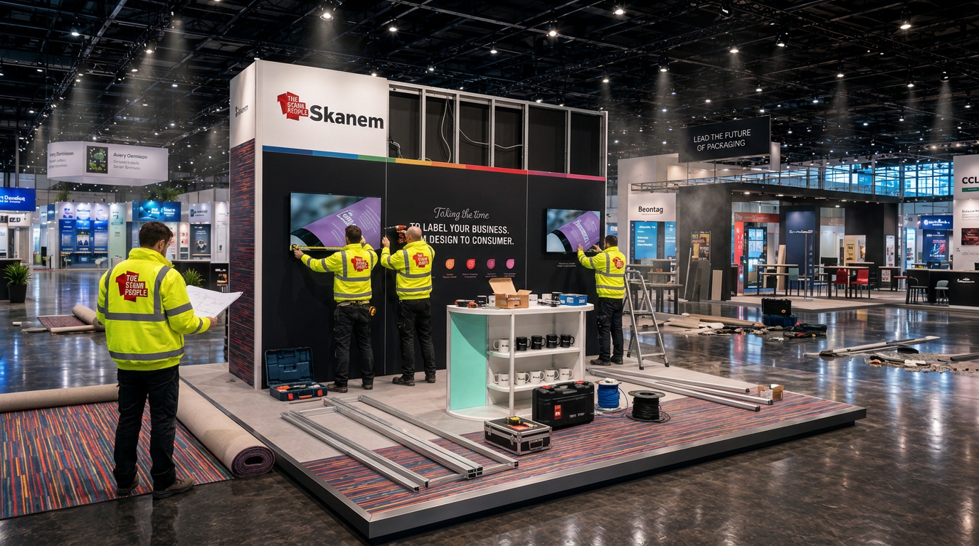 The Stand People crew in branded high-vis jackets building a reusable exhibition stand on site