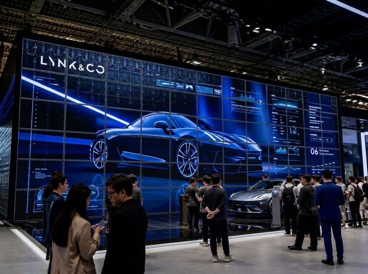 Blue and black automotive LED video wall on an exhibition stand
