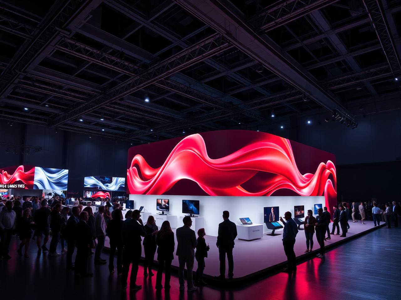 Exhibition stand with a large curved LED wall drawing a crowd